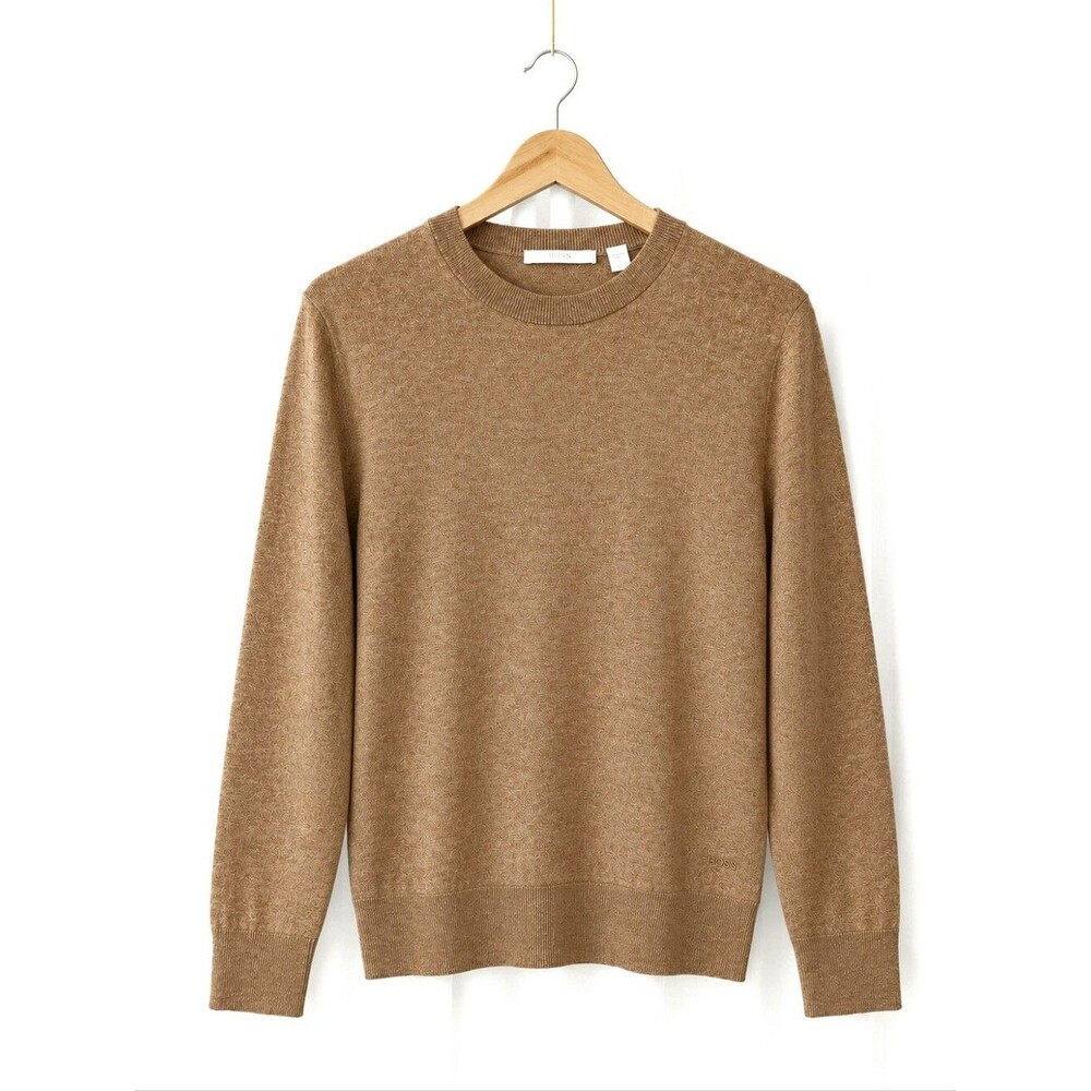 Hugo Boss Heathered Camel Tan Silk Cashmere Luxury Knit Modern Classic Sweater